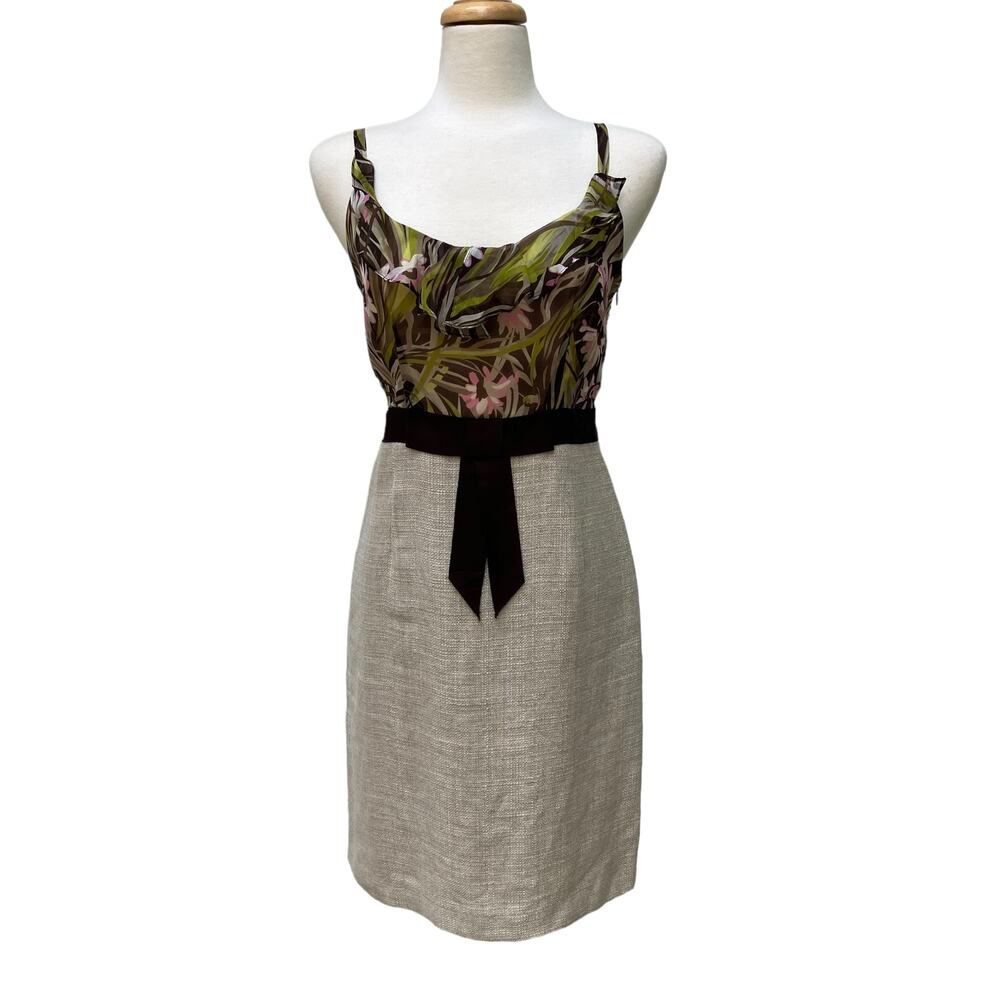 VTG‎ Milly of New York Dress Sz 8 Linen Silk Floral Sheath  Ruffles Coastal